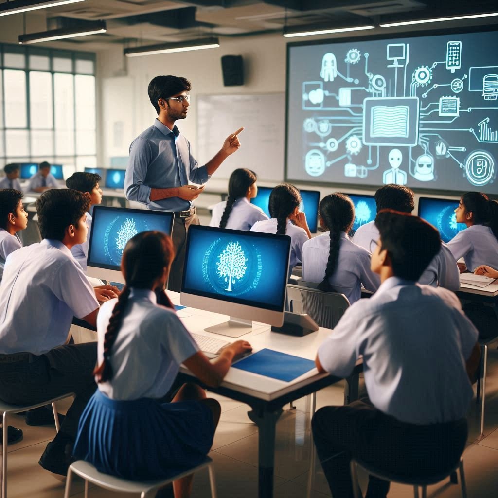 Indian high school students in a computer lab learning about internet safety for students, with a teacher explaining safe browsing on a digital projector screen