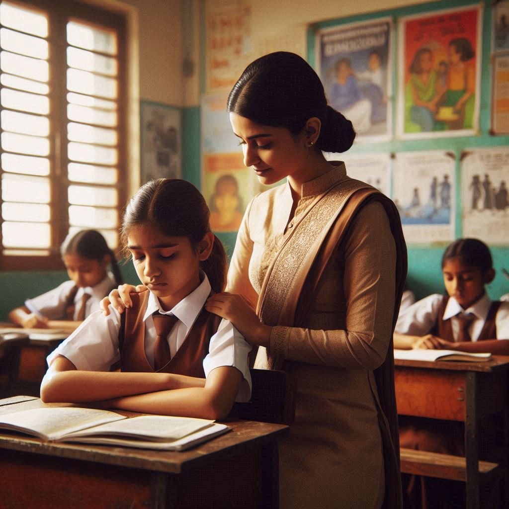 An Indian classroom scene where a female student comforts another girl while a teacher in a saree observes in the background — symbolizing emotional intelligence, empathy, and support in a school setting