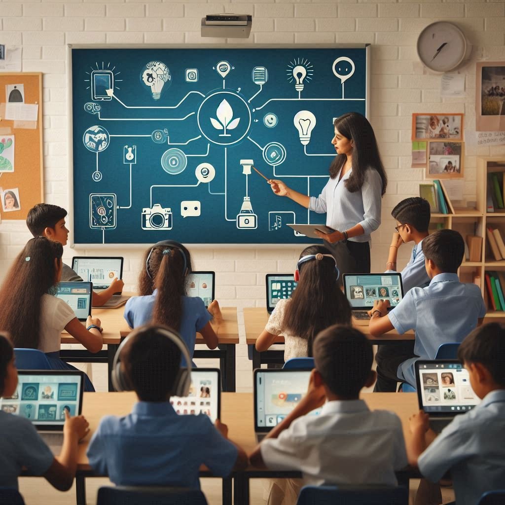 Students using digital storytelling in education with tablets and laptops in an Indian classroom, guided by a teacher and interactive multimedia tools