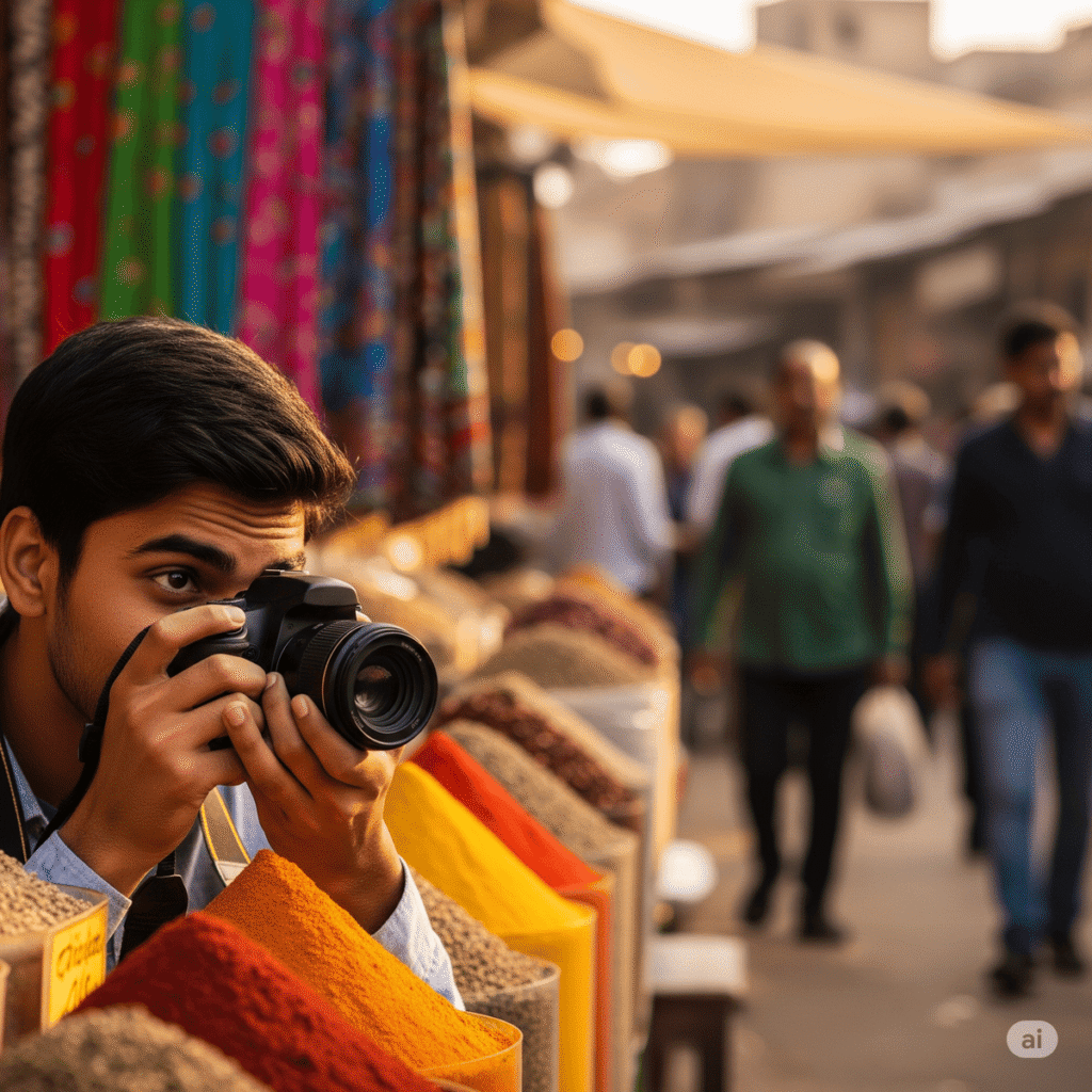 A young student photographer learning how to avoid common photography mistakes by practicing his composition skills in a market.