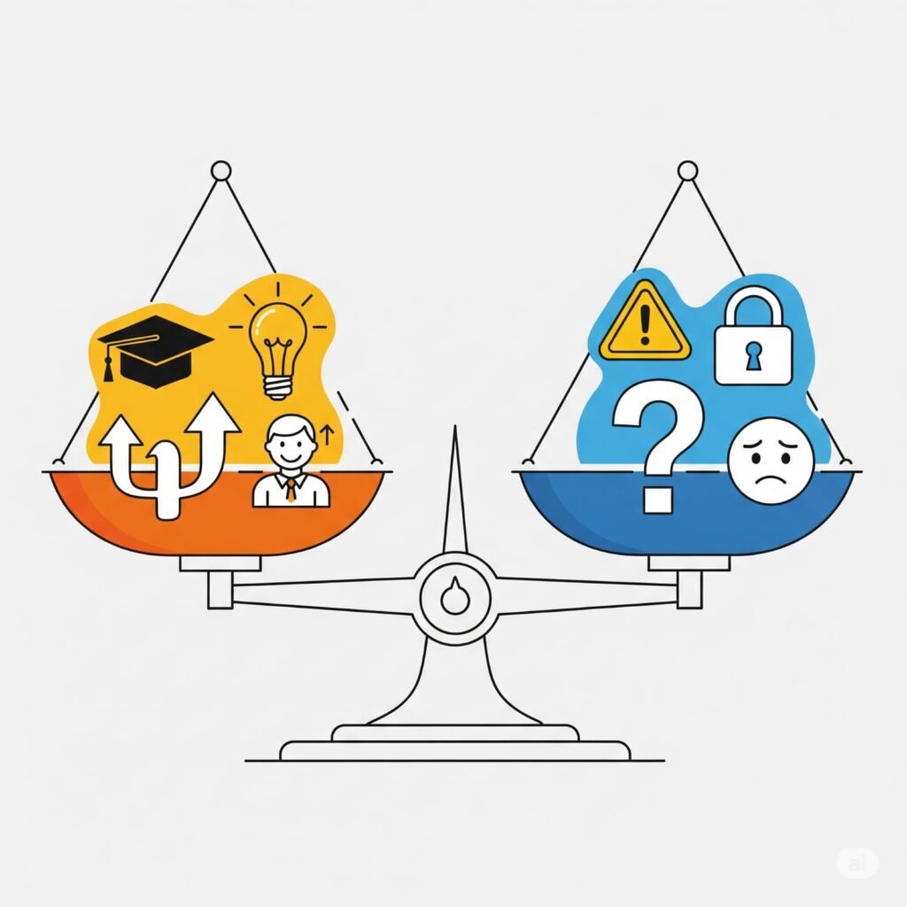 Balance scale illustrating benefits versus challenges of revolutionary AI impact on students and education