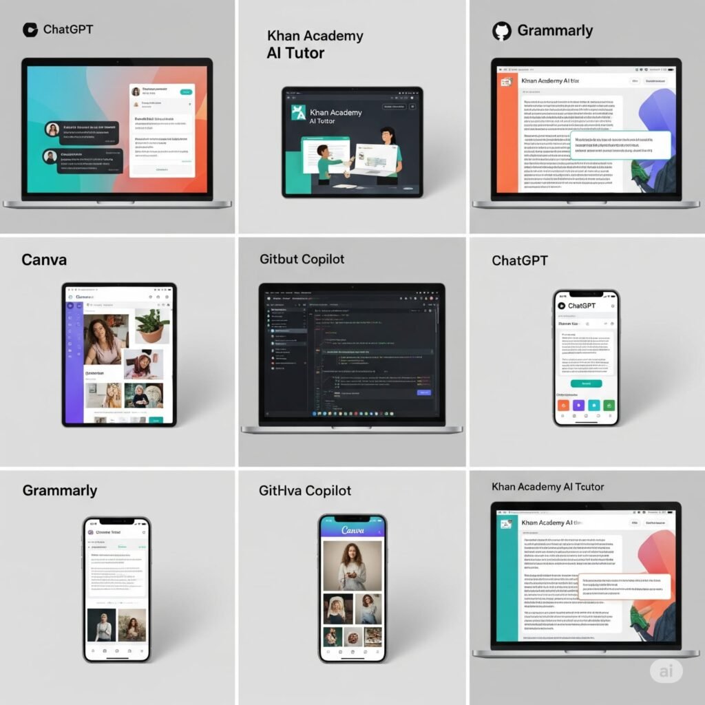 Grid of popular AI tools demonstrating revolutionary AI impact on students and modern education in 2025