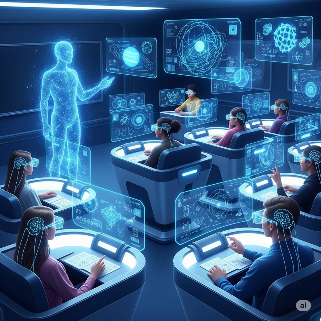 Futuristic classroom showcasing future vision of revolutionary AI impact on students and education beyond 2025