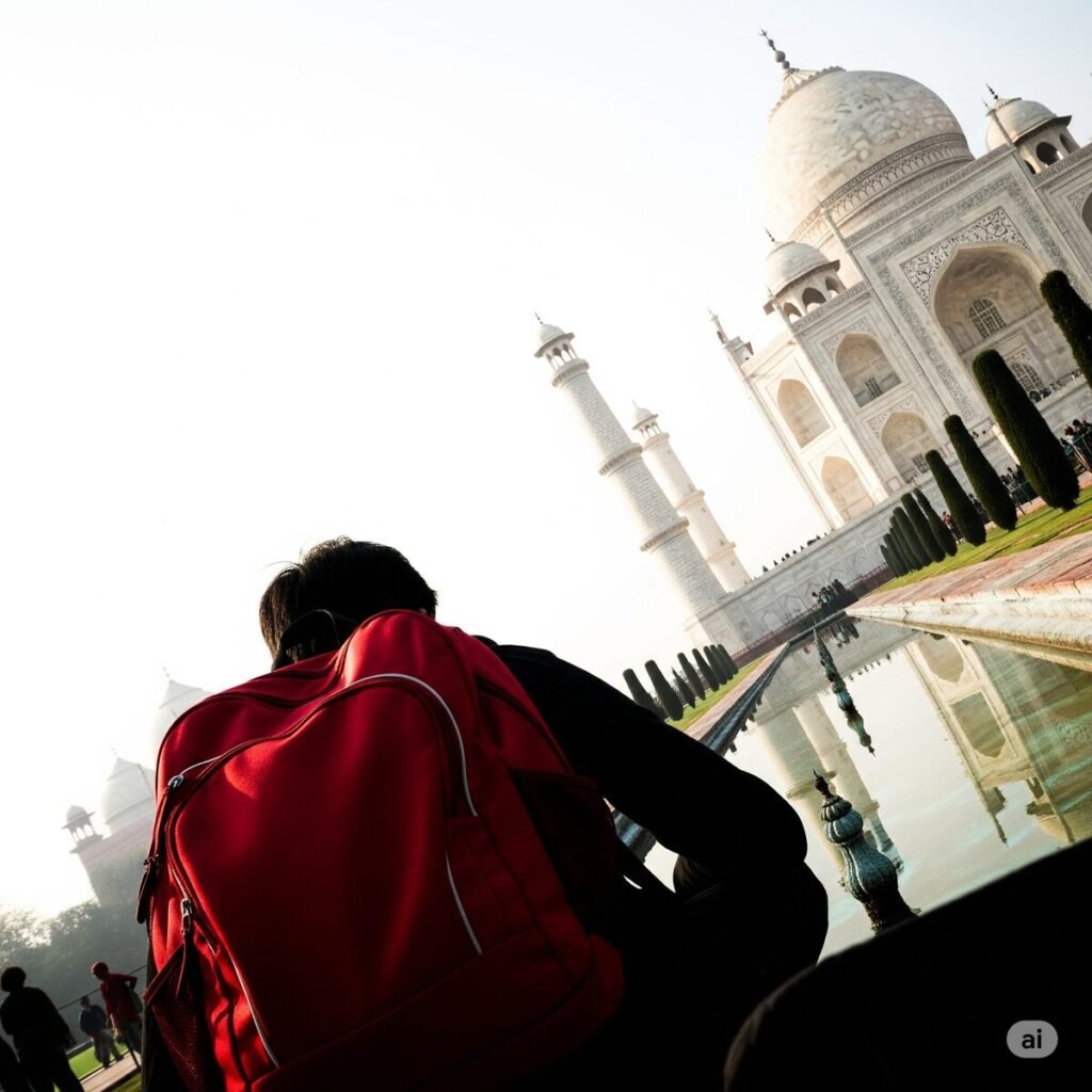 An example of photography mistakes to avoid: a poorly composed, crooked photo of the Taj Mahal with a distracting element in the foreground